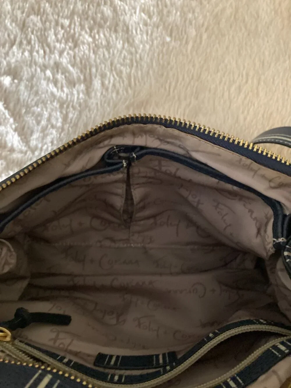 Foley + Corinna Navy and White Stripe Leather Shoulder Bag